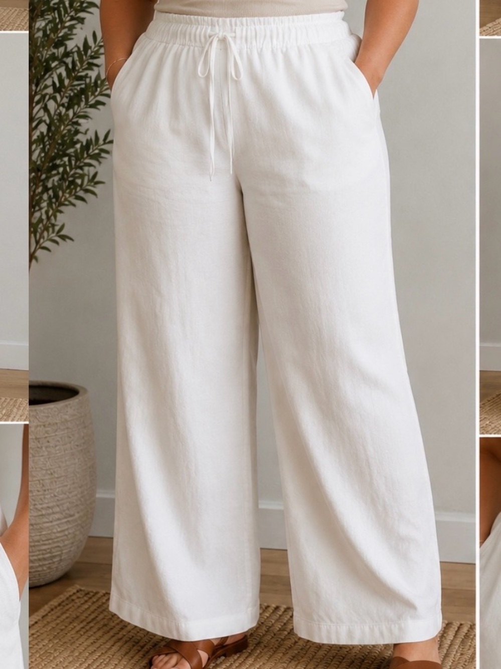 H&M Linen Blend White Wide Leg Pull-On Pants Size L